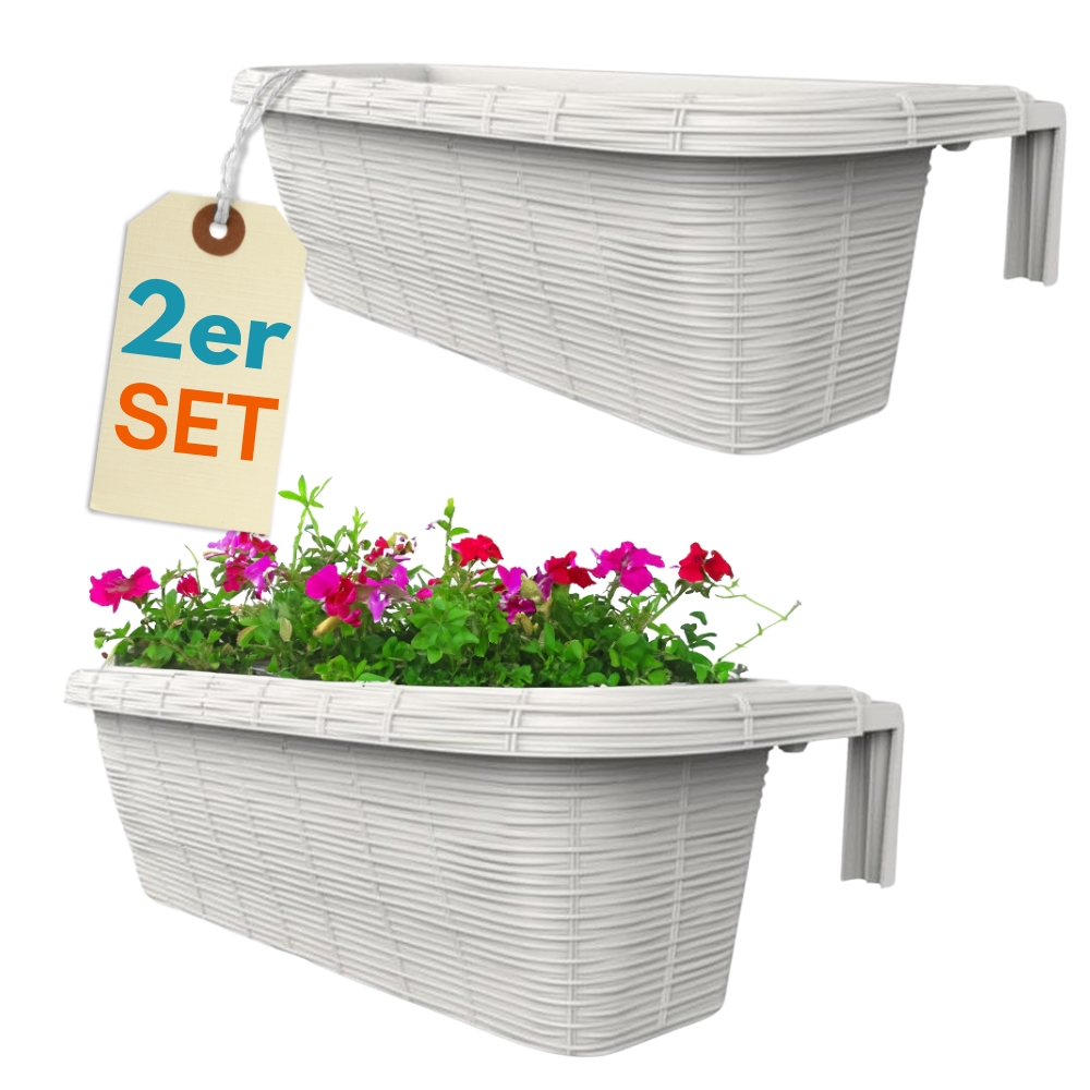 2-piece Set Balcony Flower Box With Bracket, Railing Planter With Water Reservoir, Rattan Look, White, 60 Cm