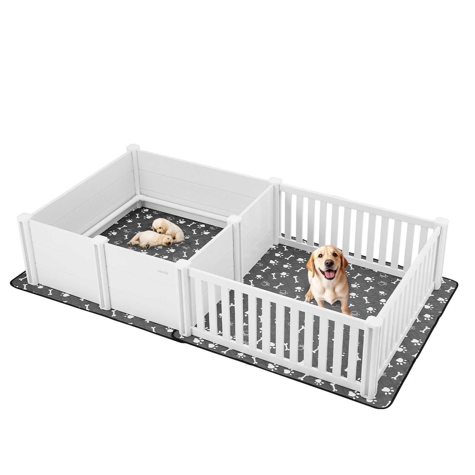 TEMU Vevor Dogs Whelping Box, 93.3x48.4x18.1 Inch, Plastic Pvc Puppies Playpen With Height Adjustable Door And Washable Pee Pad, 2-room Layout Indoor