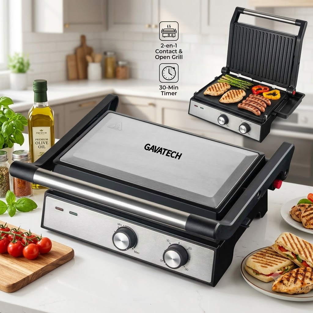 TEMU 2-in-1 Electric Grill 1500w | 180° Opening, Removable Plates, 30-min Timer & Temperature Control For Paninis And Barbecue