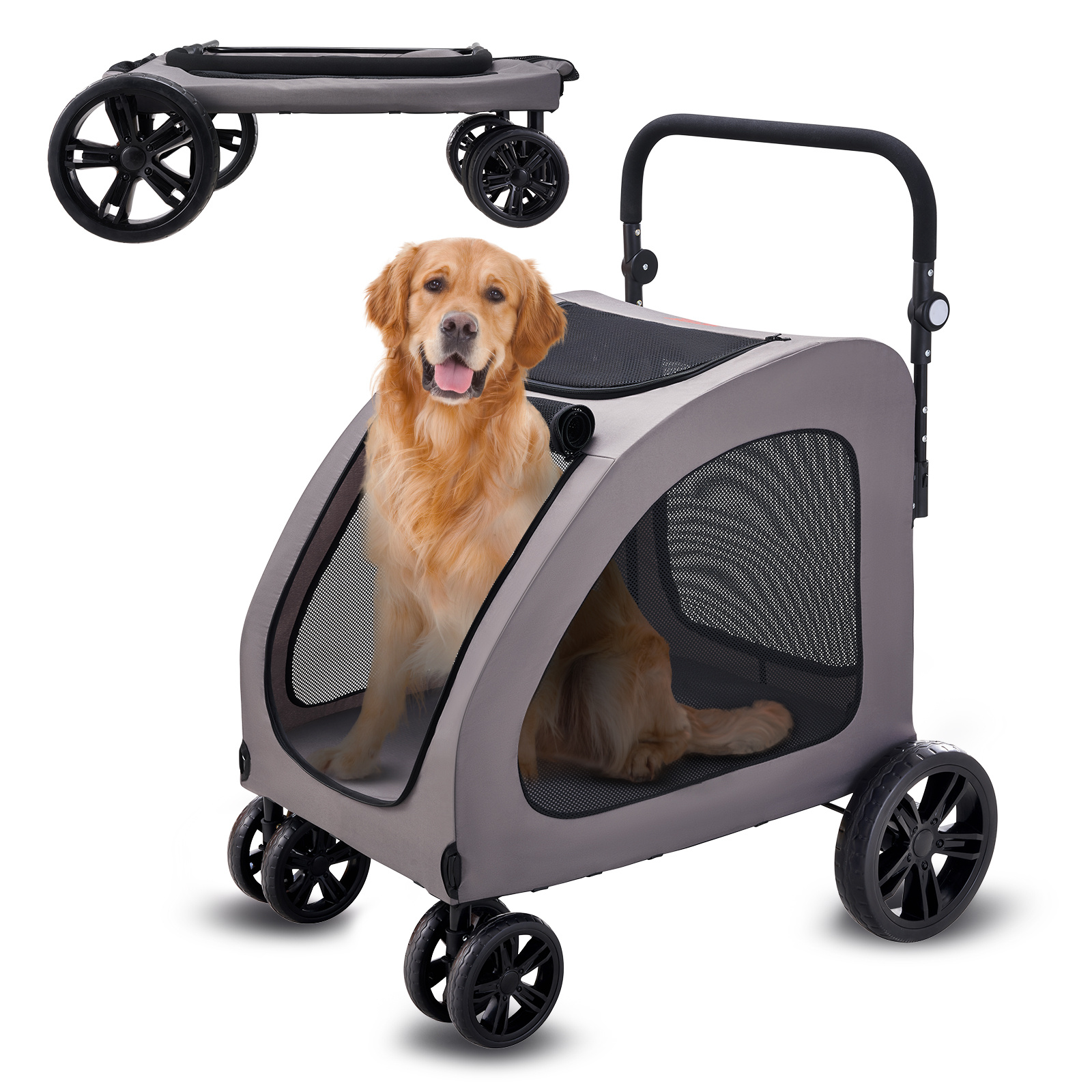 Image of Vevor Pet Stroller, 4 Wheels Dog Stroller With Brakes, 160lbs Weight Capacity, Portable Puppy Stroller Carrier With Breathable Mesh Windows & Height-adjustable Height, Animal Stroller For