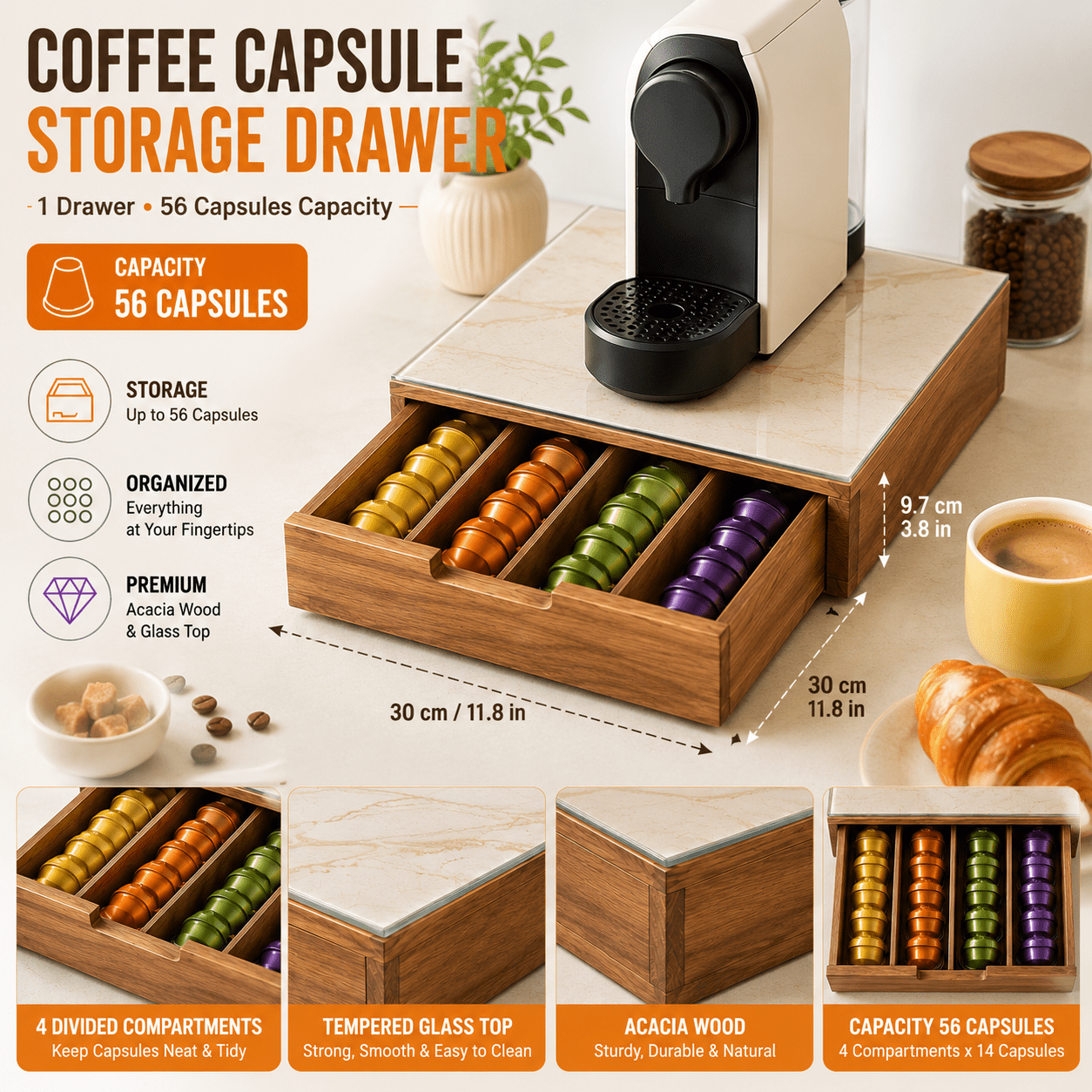 Image of Coffee Capsule Holder With Drawer – Acacia And Tempered Glass Coffee Machine Stand – 56 Capsule Capacity – 30 X 30 Cm
