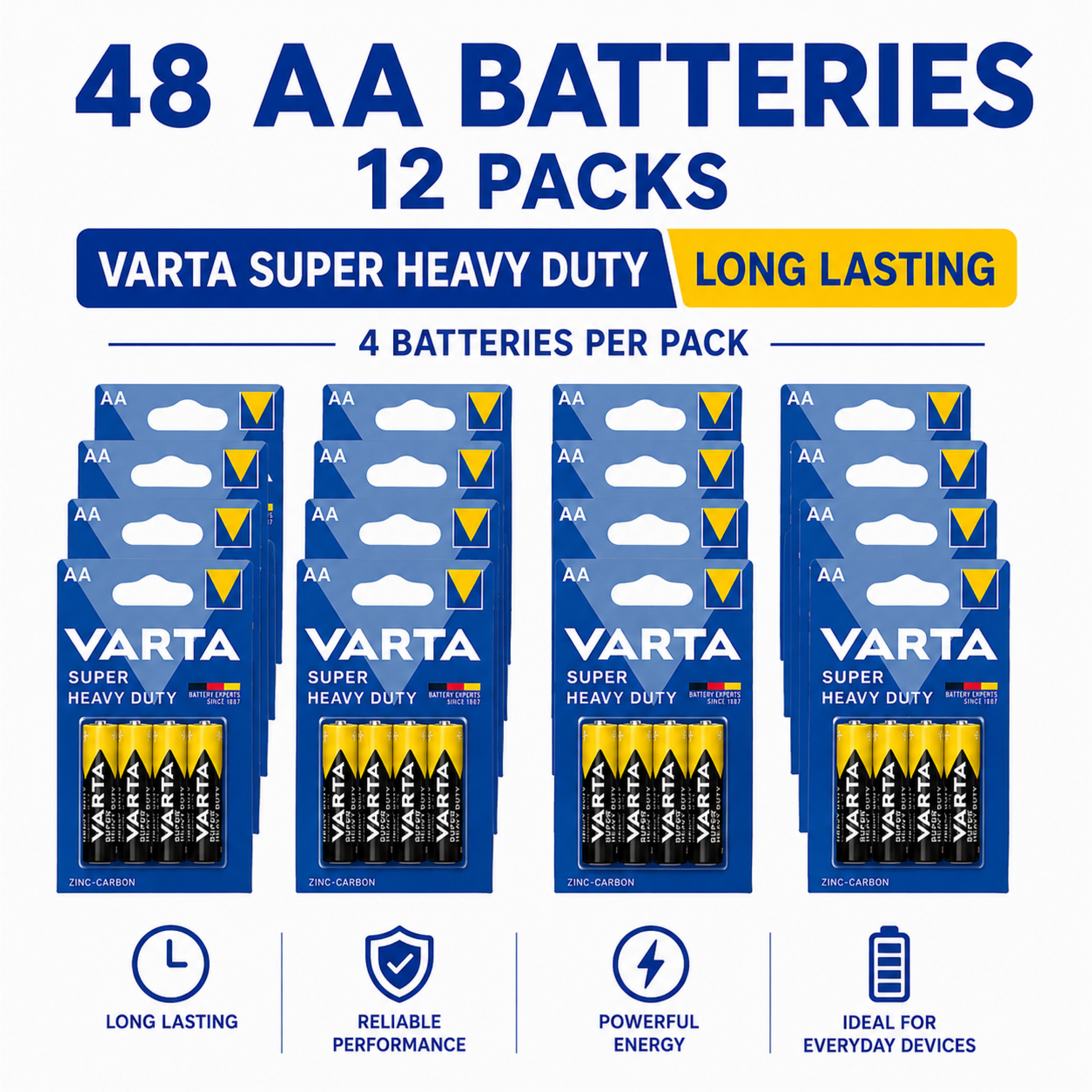 TEMU VARTA Pilas Duty de -Carbono AA 1.5V R6 Paquete para Controles Remotos, Relojes, Alarmas