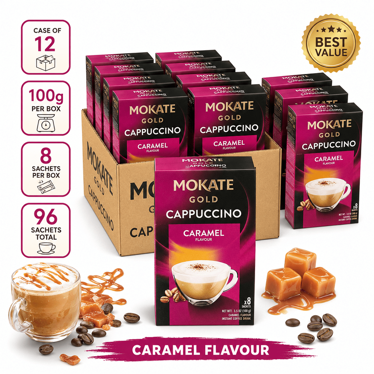 TEMU Mokate Gold Cappuccino Caramel Coffee Sachets 100g X 12 Boxes | 96 Sachets Total | Instant Frothy Coffee Drink