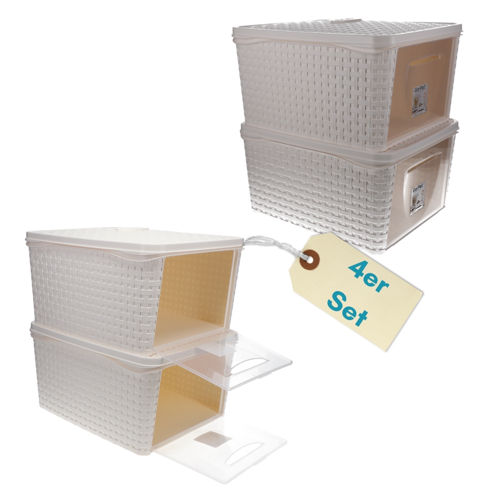 4pcs Set Of Storage Boxes With Lids, White, Front-opening, Closet Organizer, Stackable Box, Clothes Closet Basket With Lid, Storage, Bathroom, Rattan Optic