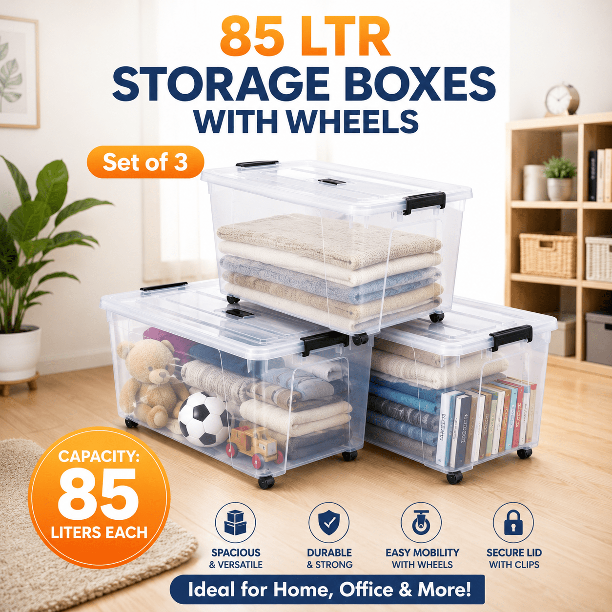 Set of 3 Plastic Storage Containers with Lids