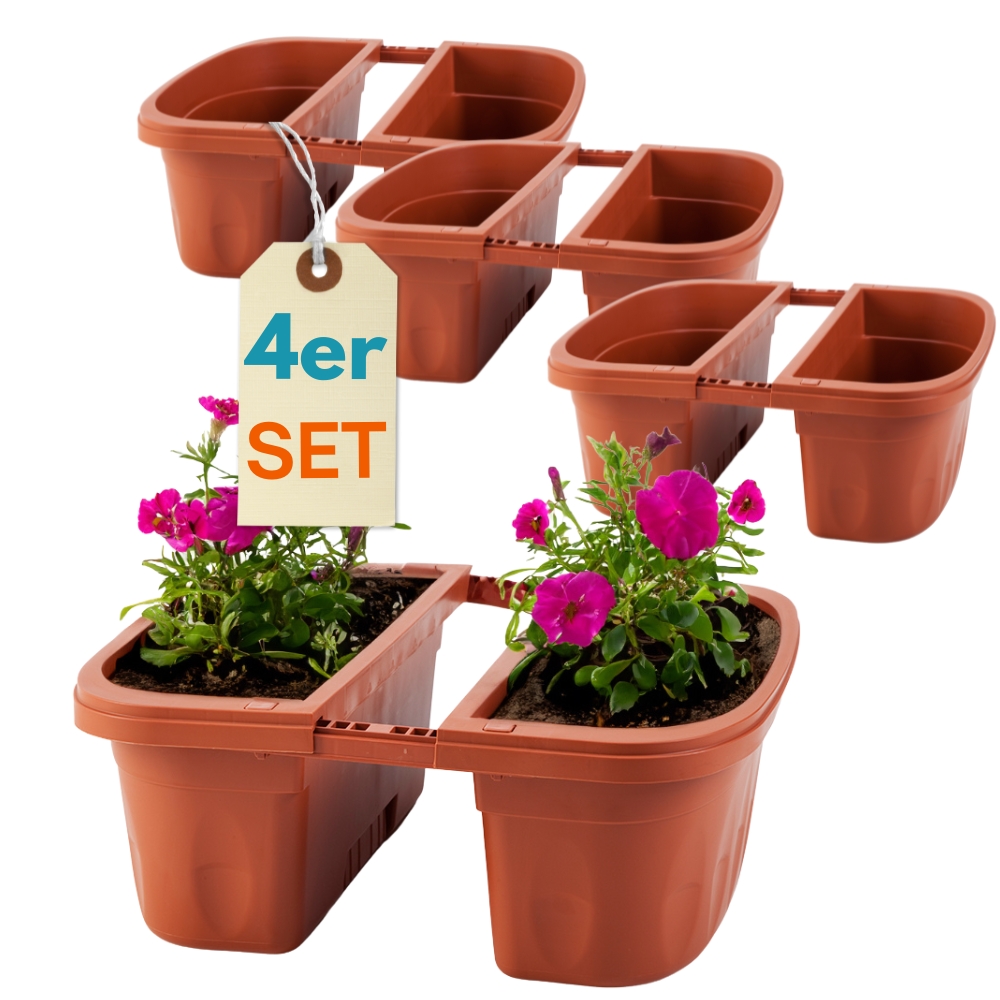 4-piece Set Double-sided Balcony Flower Box With Railing Bracket And Water Reservoir, Terracotta, 40 Cm