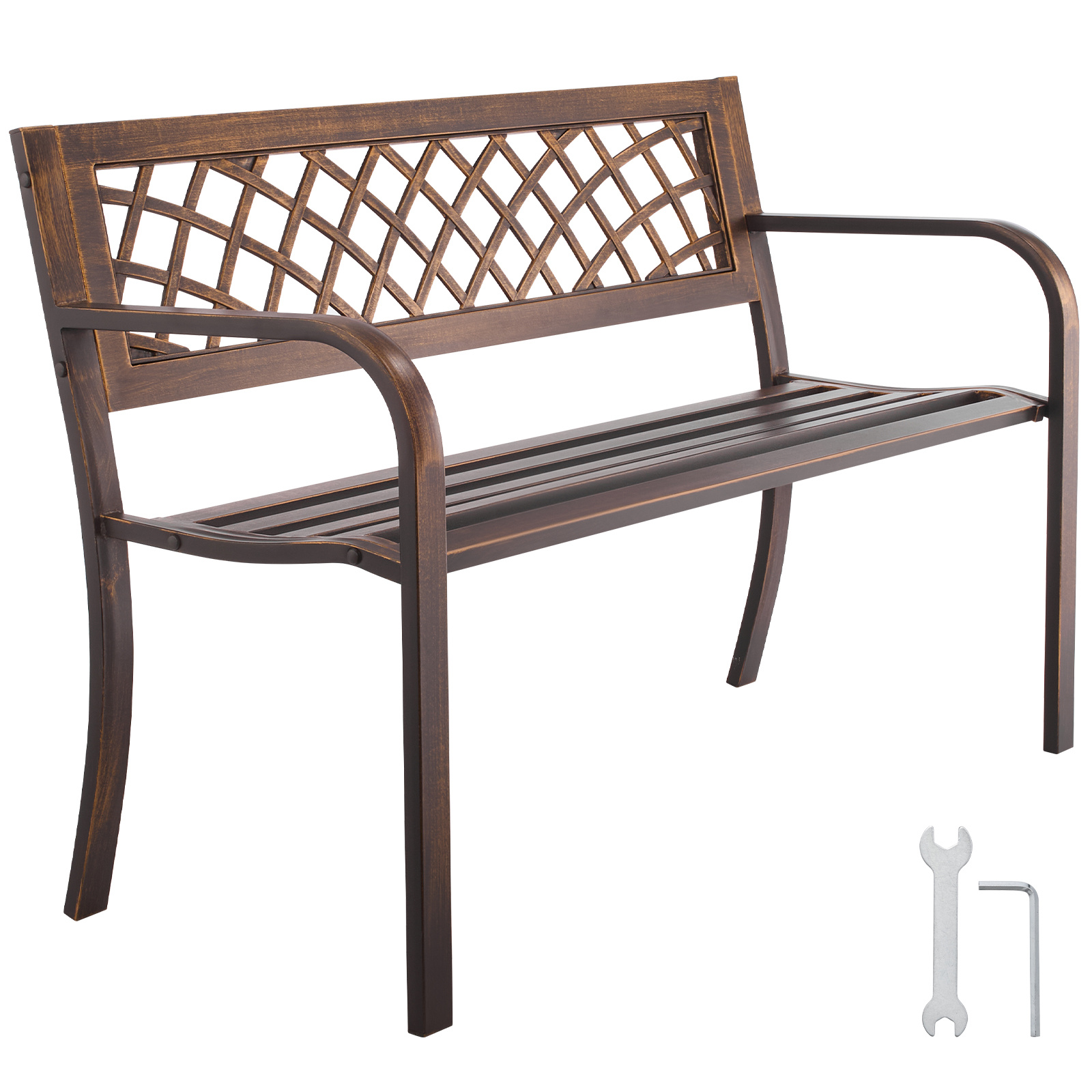 Image of Vevor Outdoor Bench, 116 Cm, Carbon Steel Metal Frame With Pvc Mesh Pattern Backrest And Round Edge Armrests, Outside Bench For Patio, Garden, Park, Yard, Front Porch, Antique Bronze