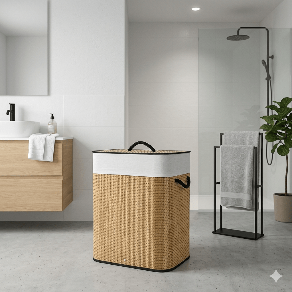 Image of Bamboo Dirty Laundry Basket With Lid 40x30x50cm | Foldable Rectangular Basket With Handles | Removable And Washable Bag | Organizer For Bathroom And Bedroom