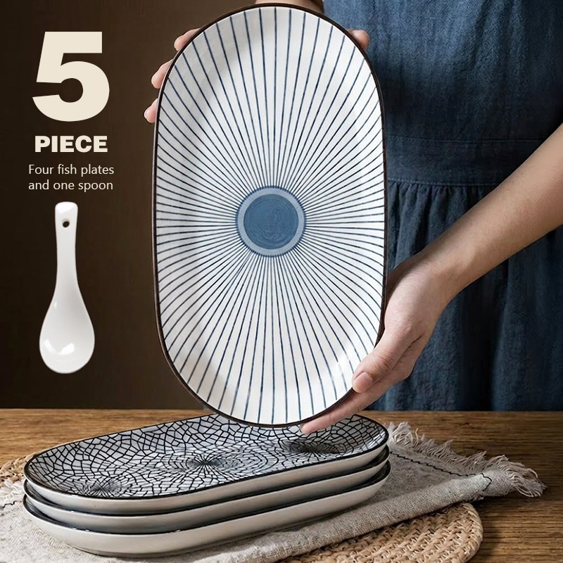 TEMU 5pcs (4 X 12-inch Plates + 1 Spoon), Underglaze Ceramic Dinnerware Set Blue-and- Pattern Serving Platters, Microwave & Oven Safe.