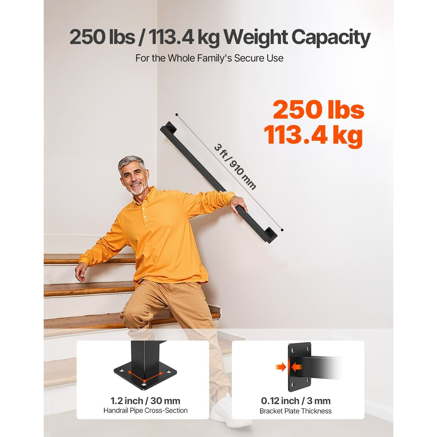 VEVOR prie sienos montuojamas laiptų turėklas, 910 mm juodo metalo laiptų turėklas vidaus patalpoms, 113 kg keliamoji galia, pramoninis turėklas laiptams, kvadratinis vamzdis palėpės verandai, 2 sekcijos