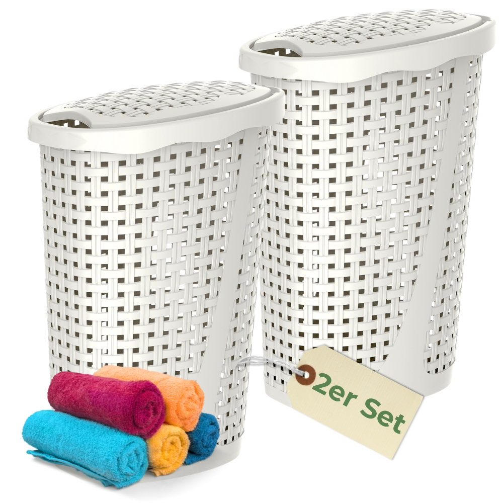 Image of 2-piece Set Laundry Basket With Lid, Plastic Laundry Collector, Laundry Bin, Laundry Chest, White With Lid 31 X 40 X 60 Cm, 43 L, Rattan Look