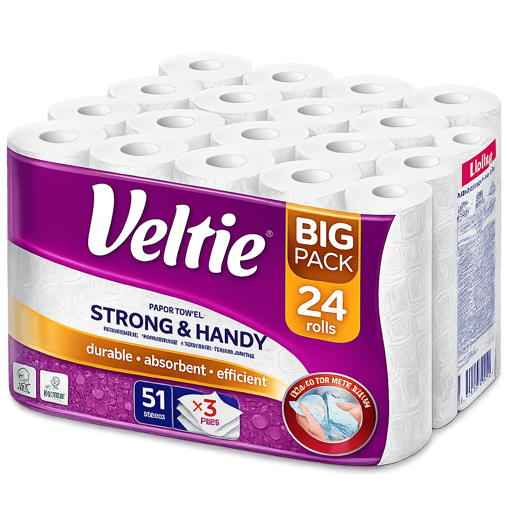Veltie Absorbent Kitchen Towels, 3-ply, / Kitchen Roll / 24 Rolls X 51 Sheets