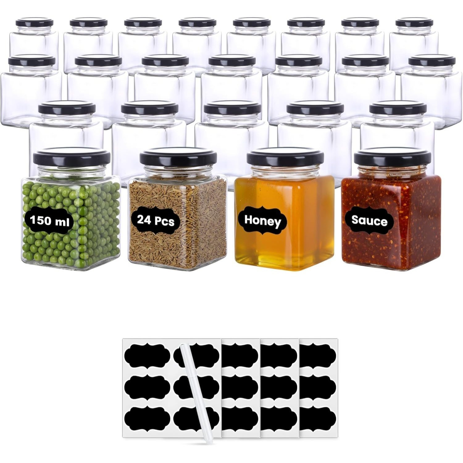 24 X 150, 200, 280 Ml Storage Jars With Lids, Square Jars, Canning Jars, Jam Jars, Honey Jars, Glass Containers