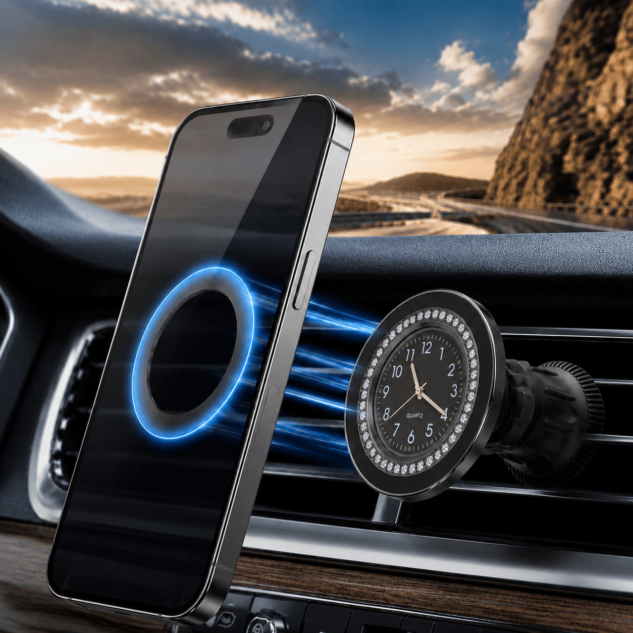 Image of Luxus Sleek Metal 2-in-1 Magnetic Car Phone Holder & Watch – Universal 360° Rotatable Vent & Dashboard Mount With 20x N52 Strong Magnets