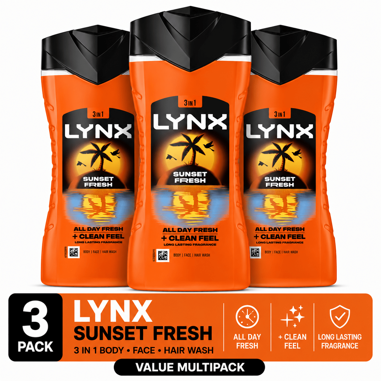 TEMU Lynx Sunset Fresh 3 In Face Hair Wash 225ml, 3 Pack, Men's Shower Gel Multipack