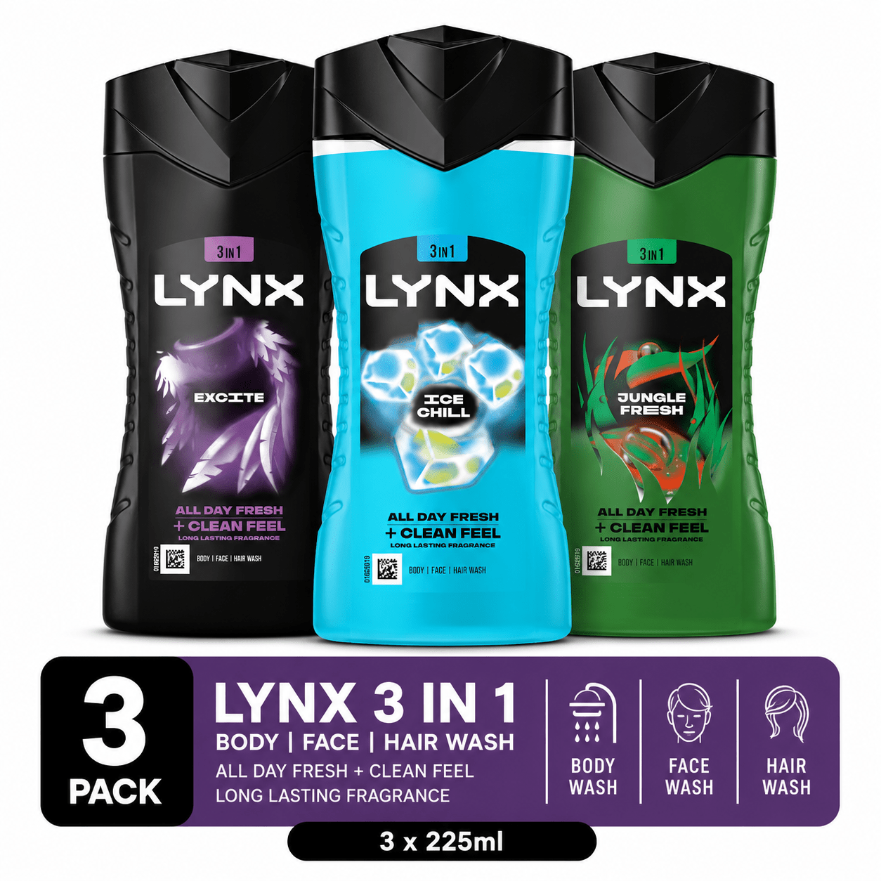 TEMU Lynx 3 In Face Hair Wash Pack 225ml, 3 Pack Mixed Fragrances