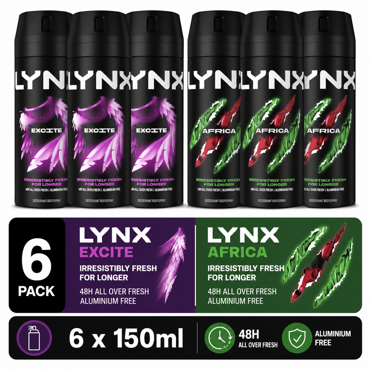 TEMU Lynx Deodorant Body Spray Pack 150ml, 6 Pack, 3 X Africa & 3 , Men's Deodorant Multipack