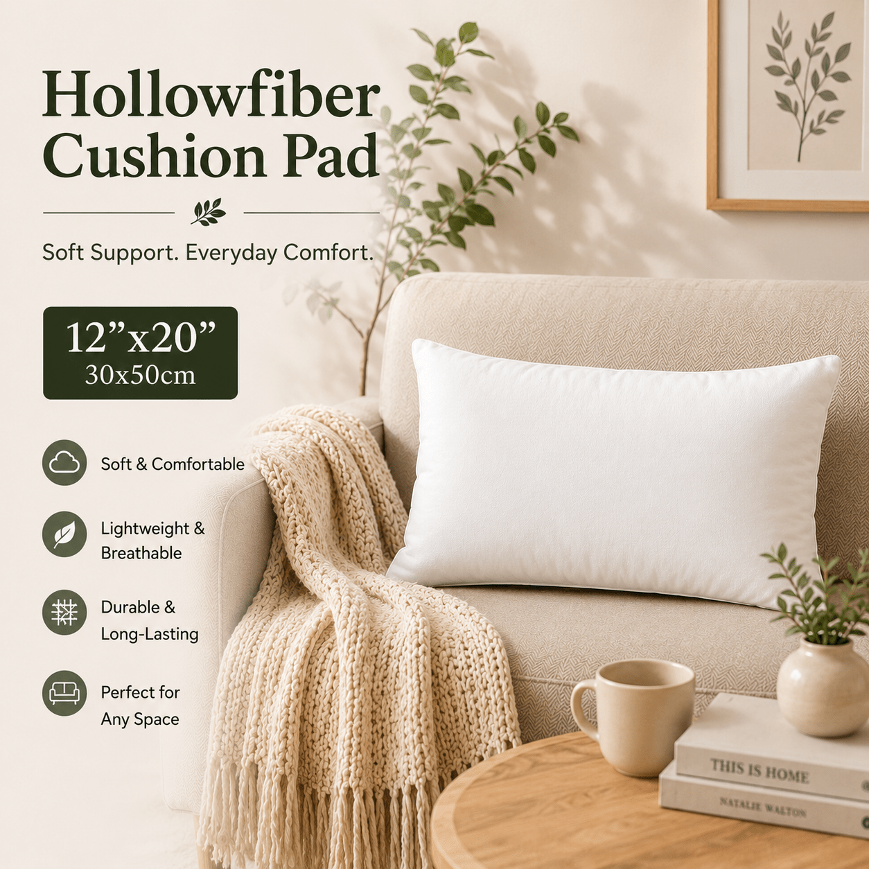 TEMU T2 Oblong Cushion Pad Insert 12'' X 20'' Filled With Soft Hollow Fiber Filling For Sofa Chair Bed And Decorative Cushions