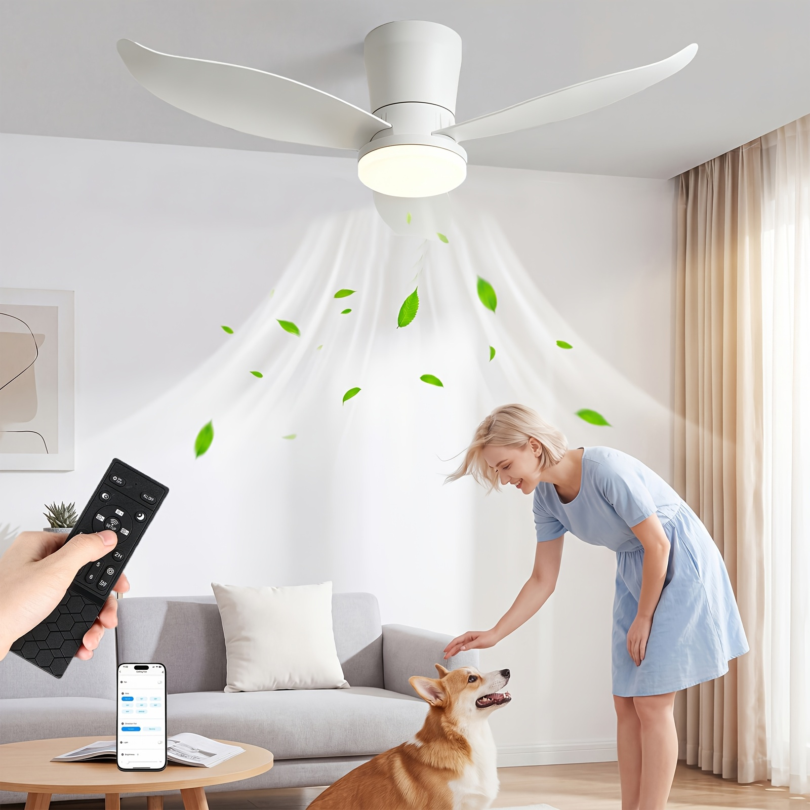 70w 3-blade Ceiling Fan With Light, Led Ceiling Light 95cm, Dimmable Ceiling Light With Remote Control And App, Quiet 25db Motor, Double Sided , For Bedroom, Living Room, Hotel