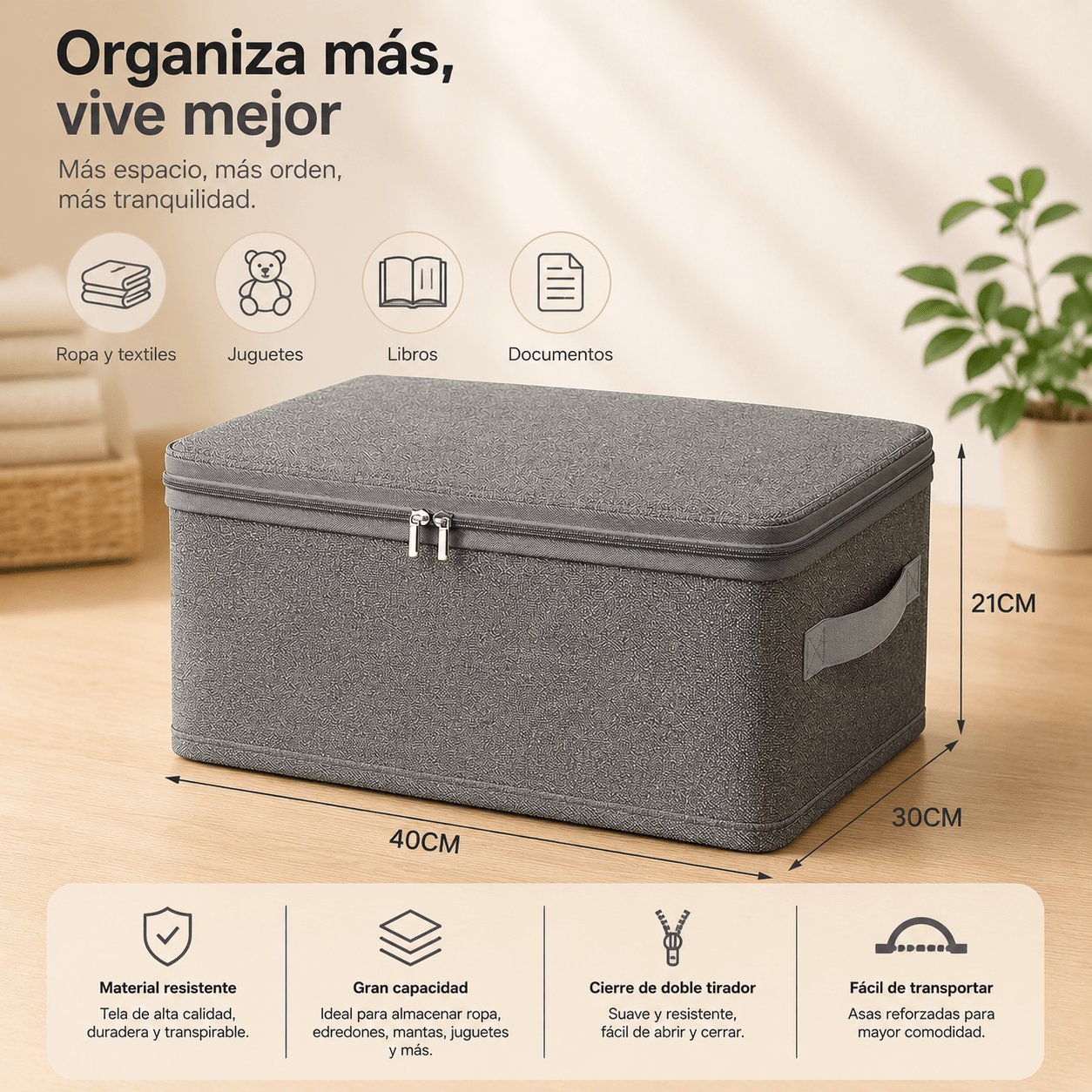 TEMU Organizador de Tela Plegable con Cremallera y | de Almacenamiento para Ropa, Mantas, Libros y Juguetes Talla