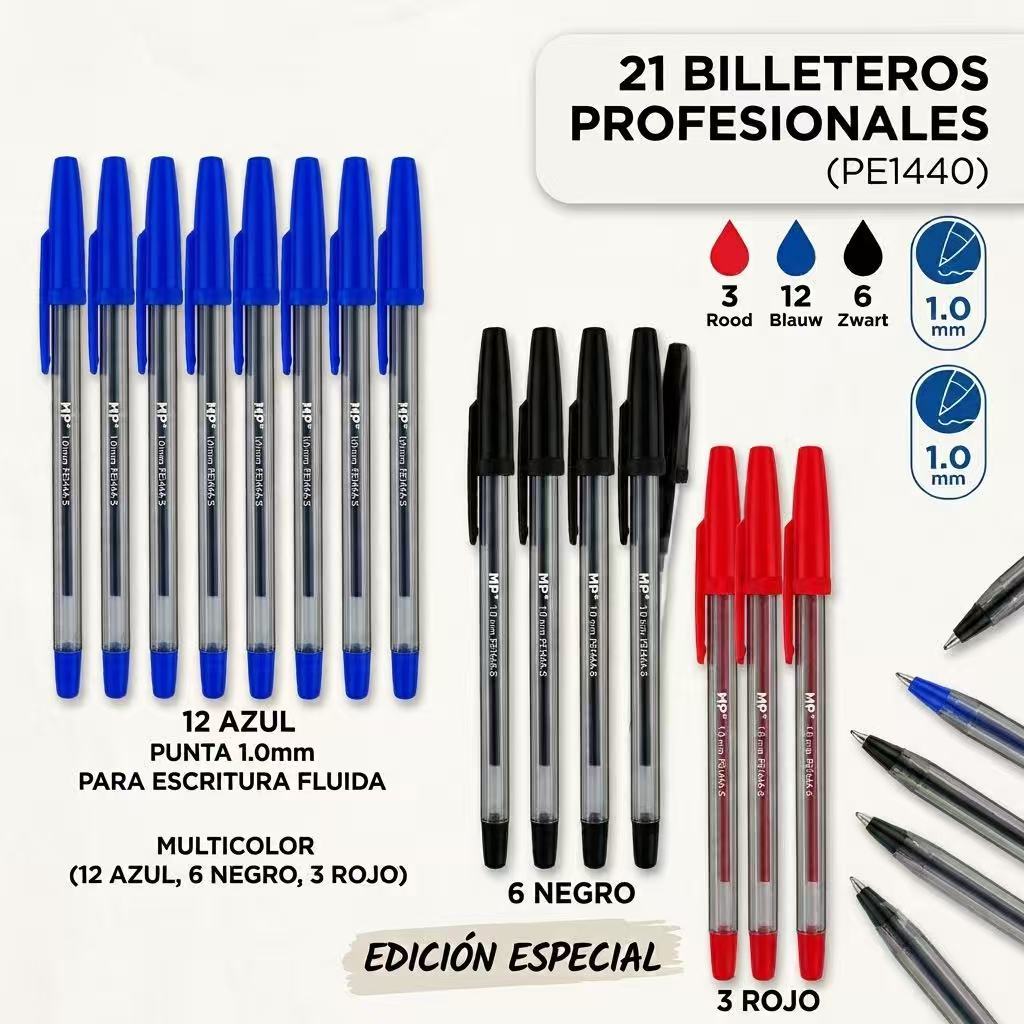 TEMU 21 Unds Boligrafos, contiene 12 Azules, 6 Negros, 3 Rojos. Punta de 1.0mm. Ideal para oficina, casa, escolar.