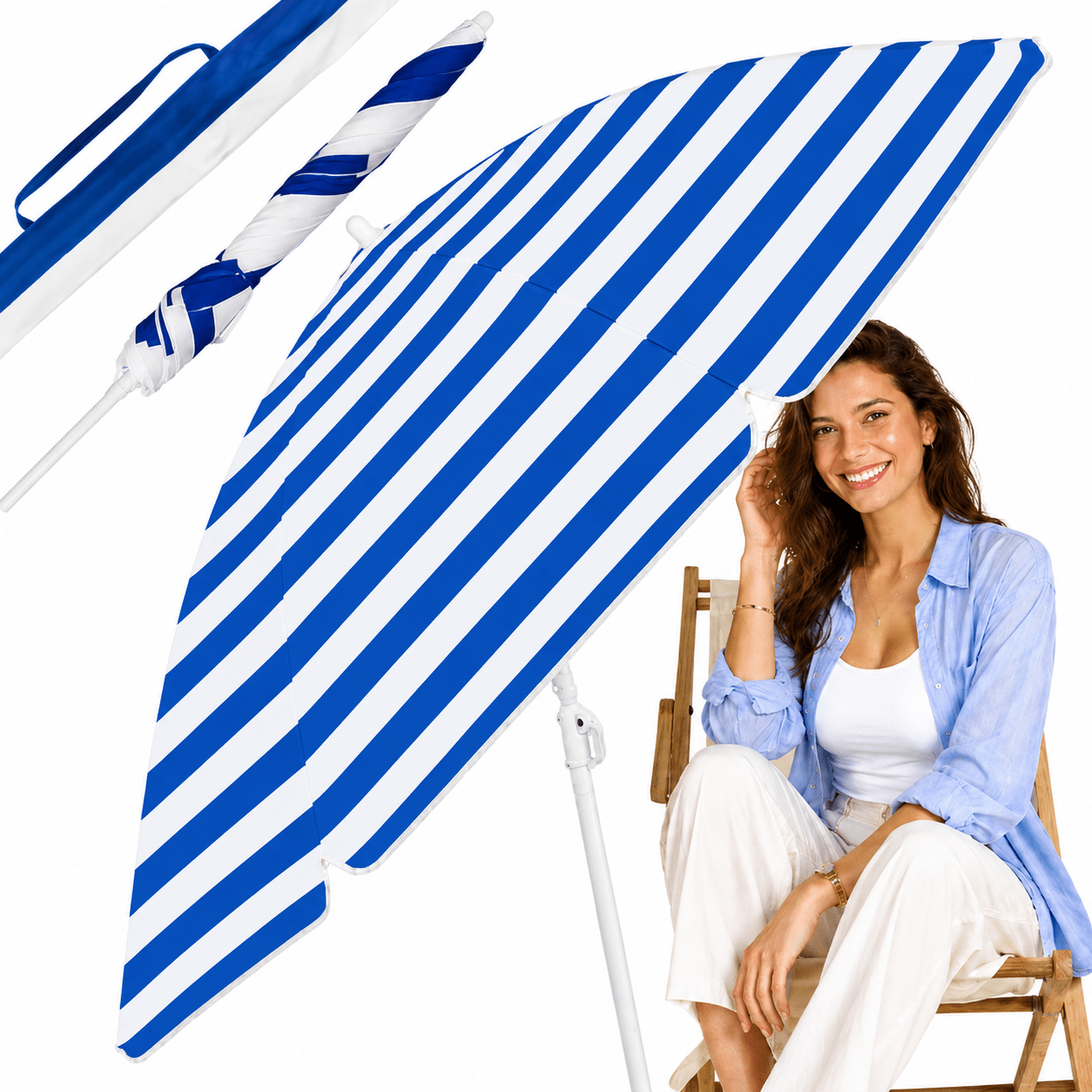 TEMU Large Garden Beach Umbrella 175 Cm Folding Telescopic Blue Adjustable Height Canopy Diameter 160 Cm Protection And Shade For Terrace, Courtyard,