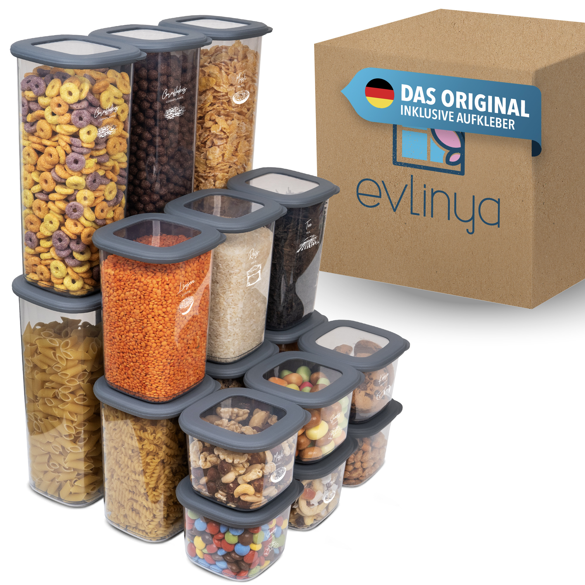 Evlinya Food Storage Container Set – Stackable Kitchen And Fridge Organizer With Lids, For Food Storage And Kitchen Organization – 18-piece Mix Set In