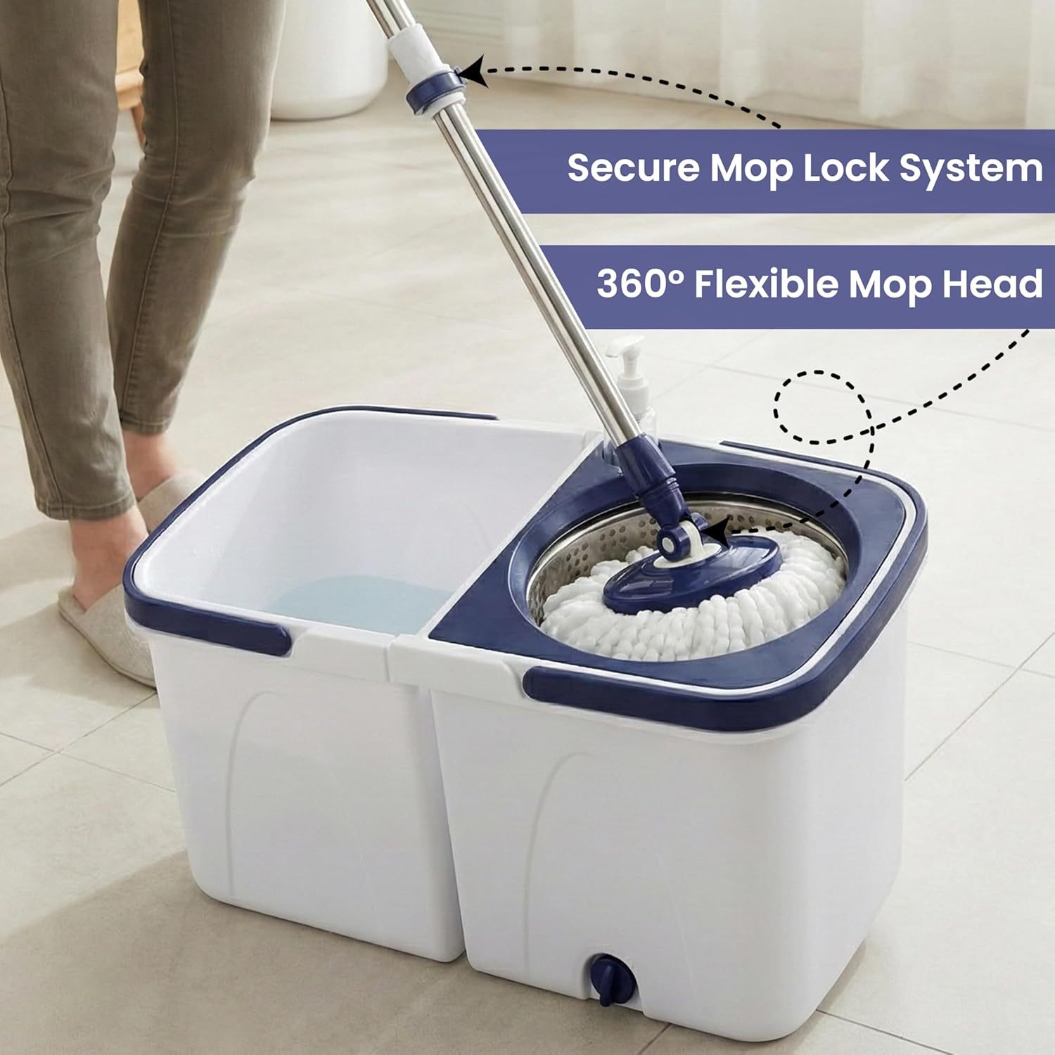 compact spin mop set two   to seperate clean   portable dual stackable buckets 1 2 reusable washable microfiber mop heads 360 rotating head adjustable telescopic handle suitable for multiple floor types white blue details 0