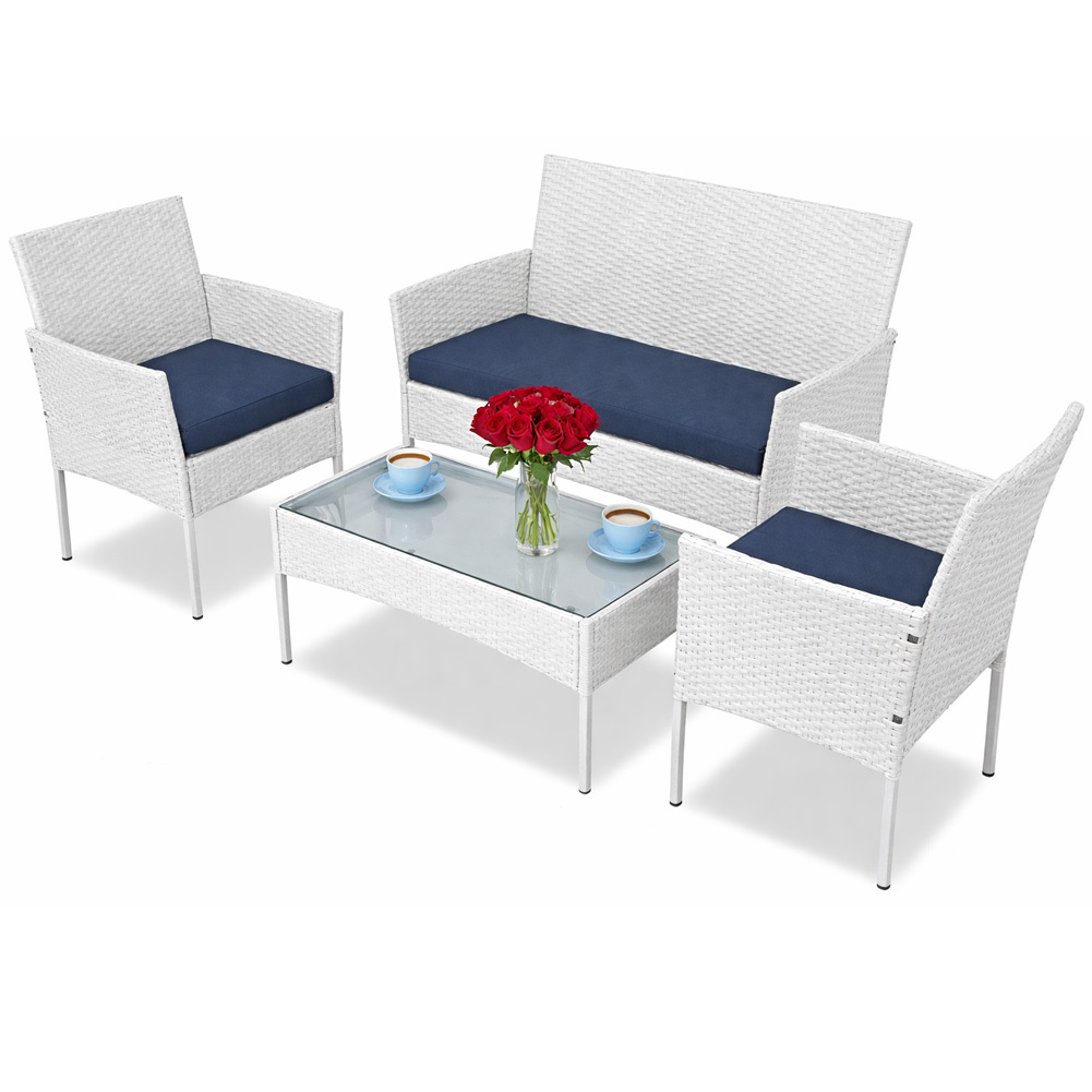Image of Bakaji Complete Living Room Set With 2-seater Sofa, 2 Armchairs, And Glass Coffee Table, Poly Rattan And With Removable Cushions, Garden And Terrace Furniture