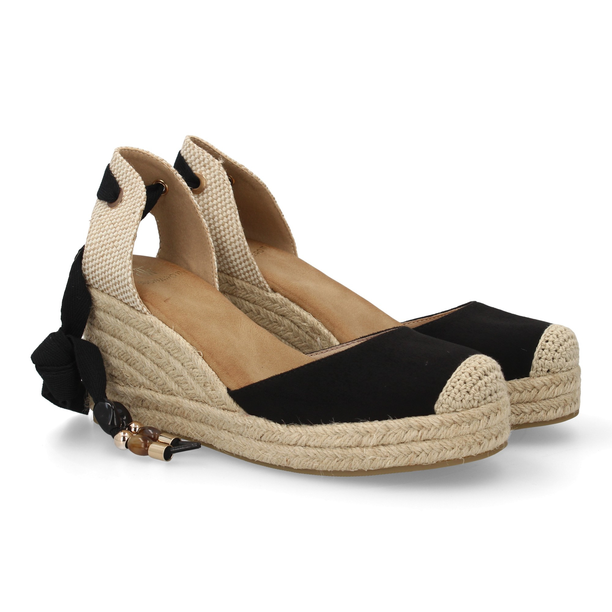 Image of Valencian Wedge Sandal For Women In Alpargata Style, Closed Toe, Open Heel, Handmade Design With Lace-up Closure Featuring Tassels. Padded Insole Ideal For Spring Summer.