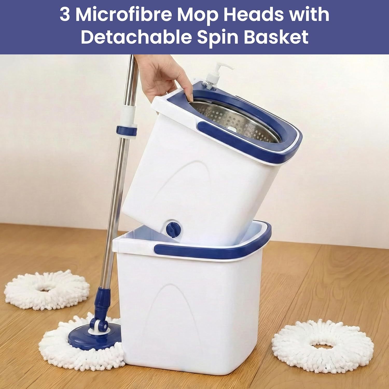 TEMU Compact Spin Mop Set, 2 To Seperate Clean & , Portable Dual Stackable Buckets, 1+2 Reusable Washable Microfiber Mop Heads, 360 Rotating Head,