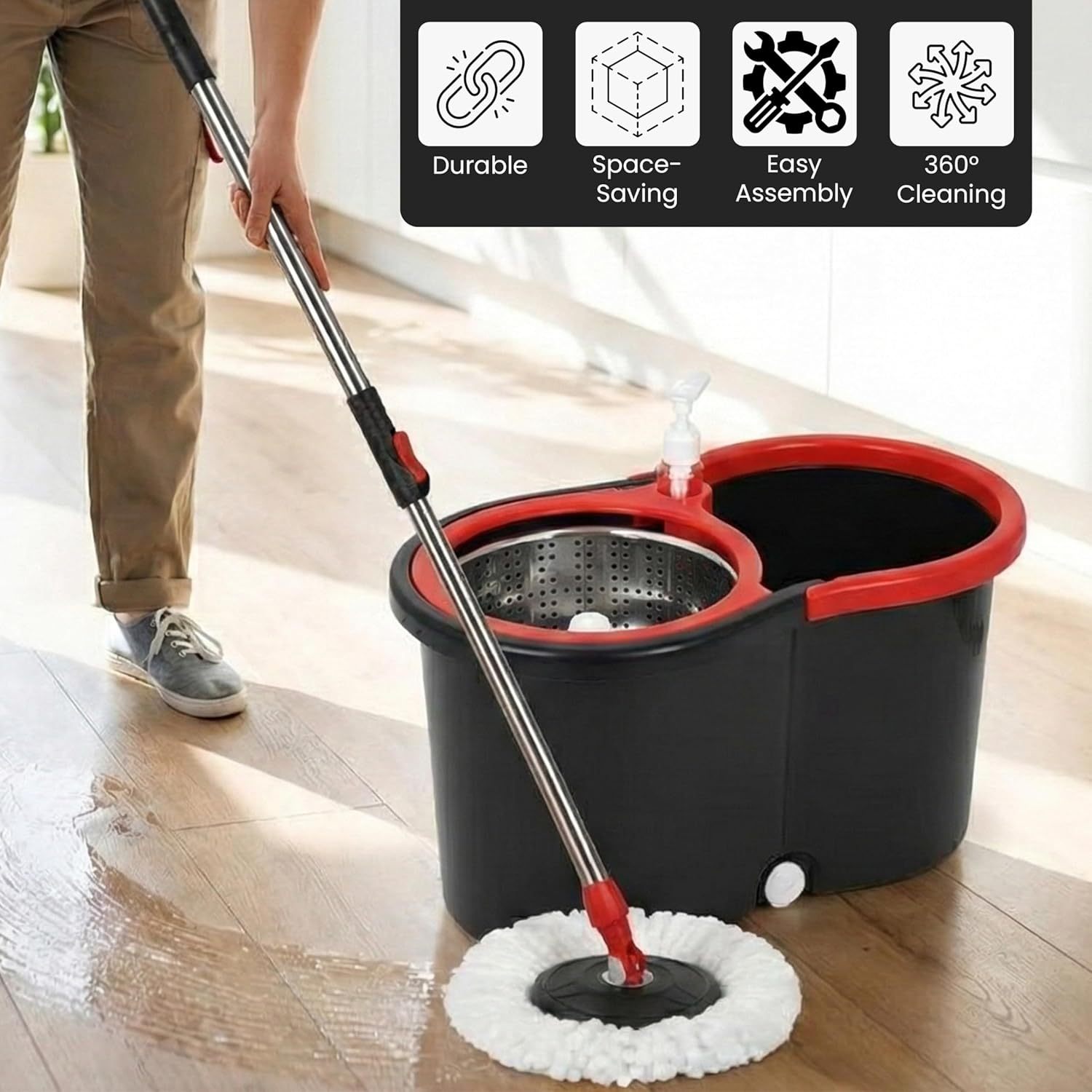 TEMU Spin Mop Bucket Set Steel Wringer Basket, Push Spin 360° Floor Mopping Cleaning System, 1+2 Microfiber Mop Pad Heads, Water Outlet Plug,