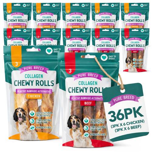 pure breed 36 pack collagen dog chews free collagen rolls chicken beef long lasting natural dog chews easy to bulk dog treats