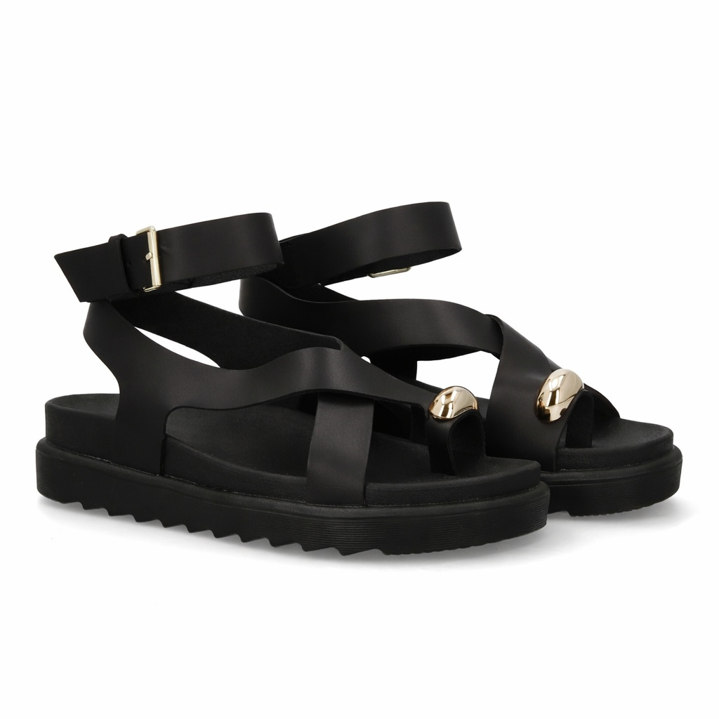 Image of Women's Sandals With Wide Straps, Ankle Closure, Metallic Accent, And Big Toe Strap. Flat Cushioned Sole. Perfect For Summer