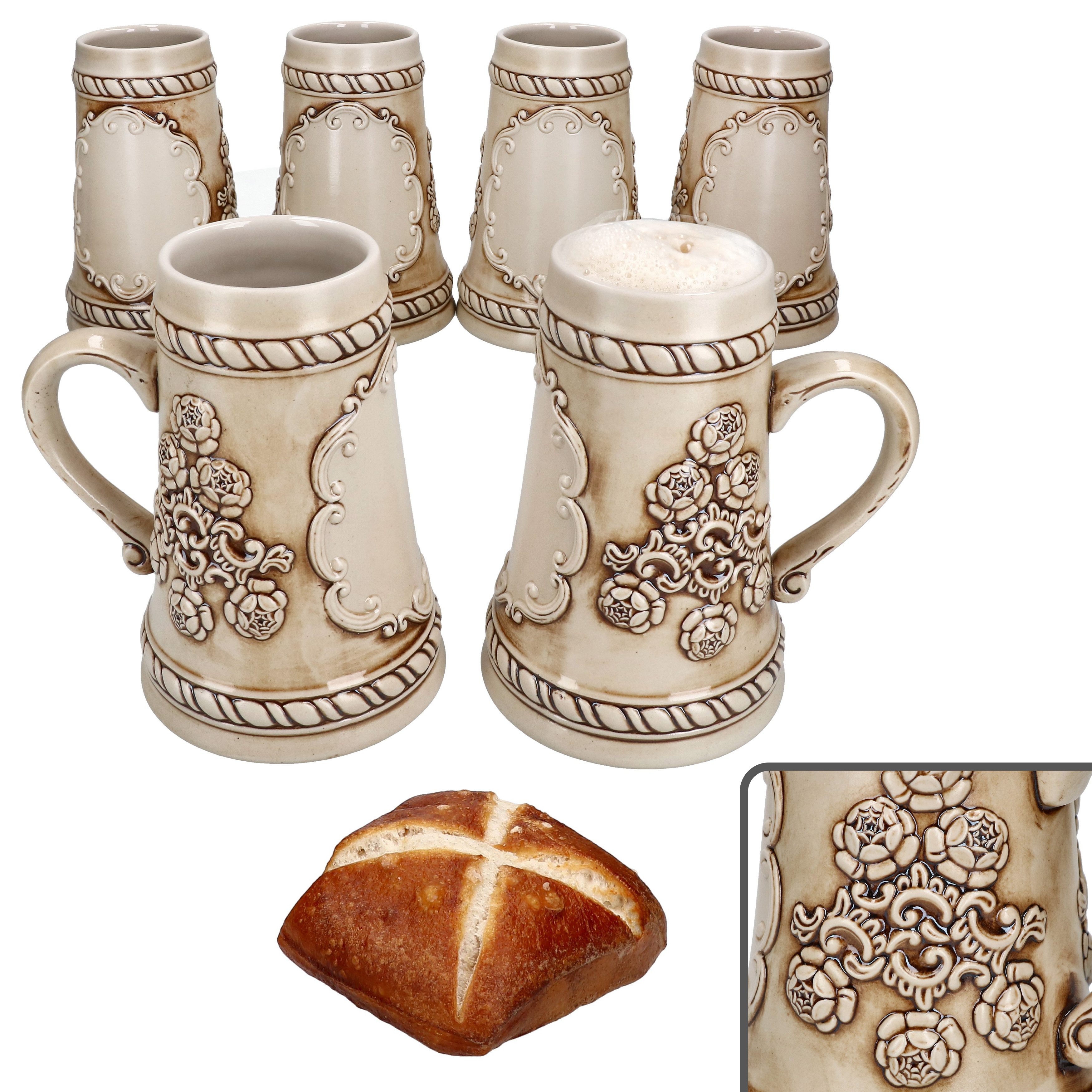 6-pack Ruhpolding Mug With Handle, 0.5l, 6-person, Beige Shield Beer , Ceramic Humpen Mug