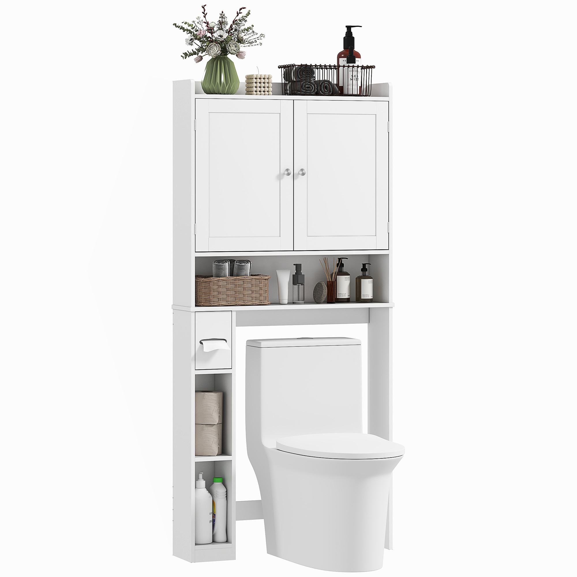 TEMU Meuble WC dessus de toilette ou machine à laver, armoire au-dessus des toilettes avec 2 portes, 3 compartiments , étagère réglable, porte-papier