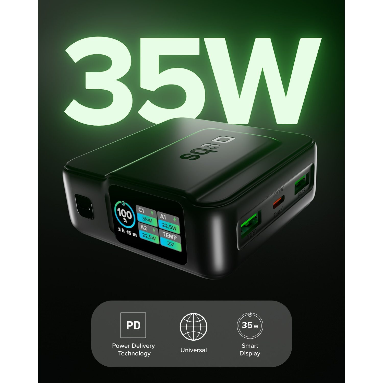 Image of Power Hd 35w, 10000mah, (pd 3.0 Pps), Afc, Power Bank With , High Density, Ai Lcd Display, Usb-c, Usb-a, Portable Travel Charger, Compact, Black