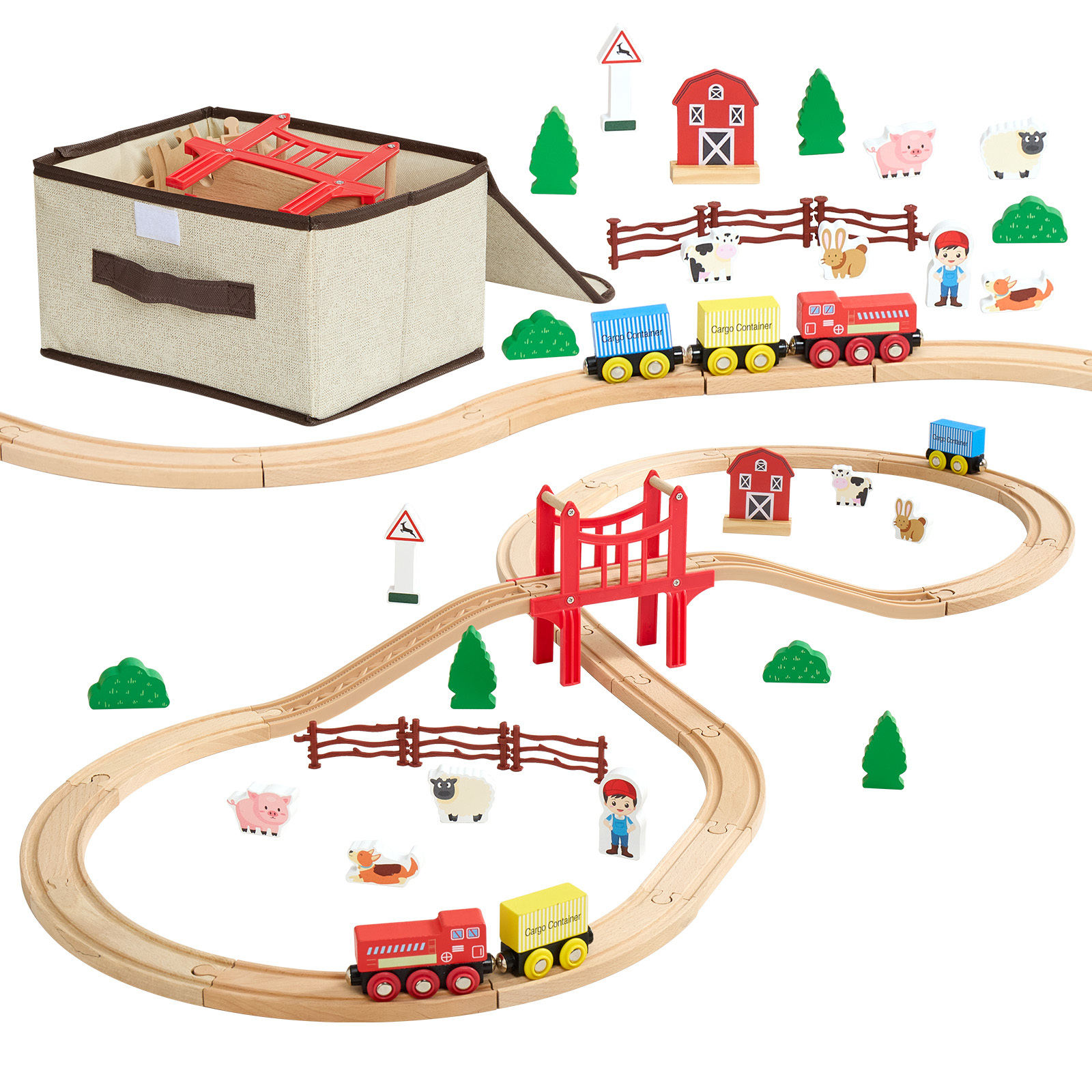 Image of Wooden Train Set, 39pcs, Wood Train Track With Magnetic Trains And Railway Accessories, Compatible With , Small Town, Christmas Birthday Toy For Kids Toddlers Ages 3-8 Boys And Girls