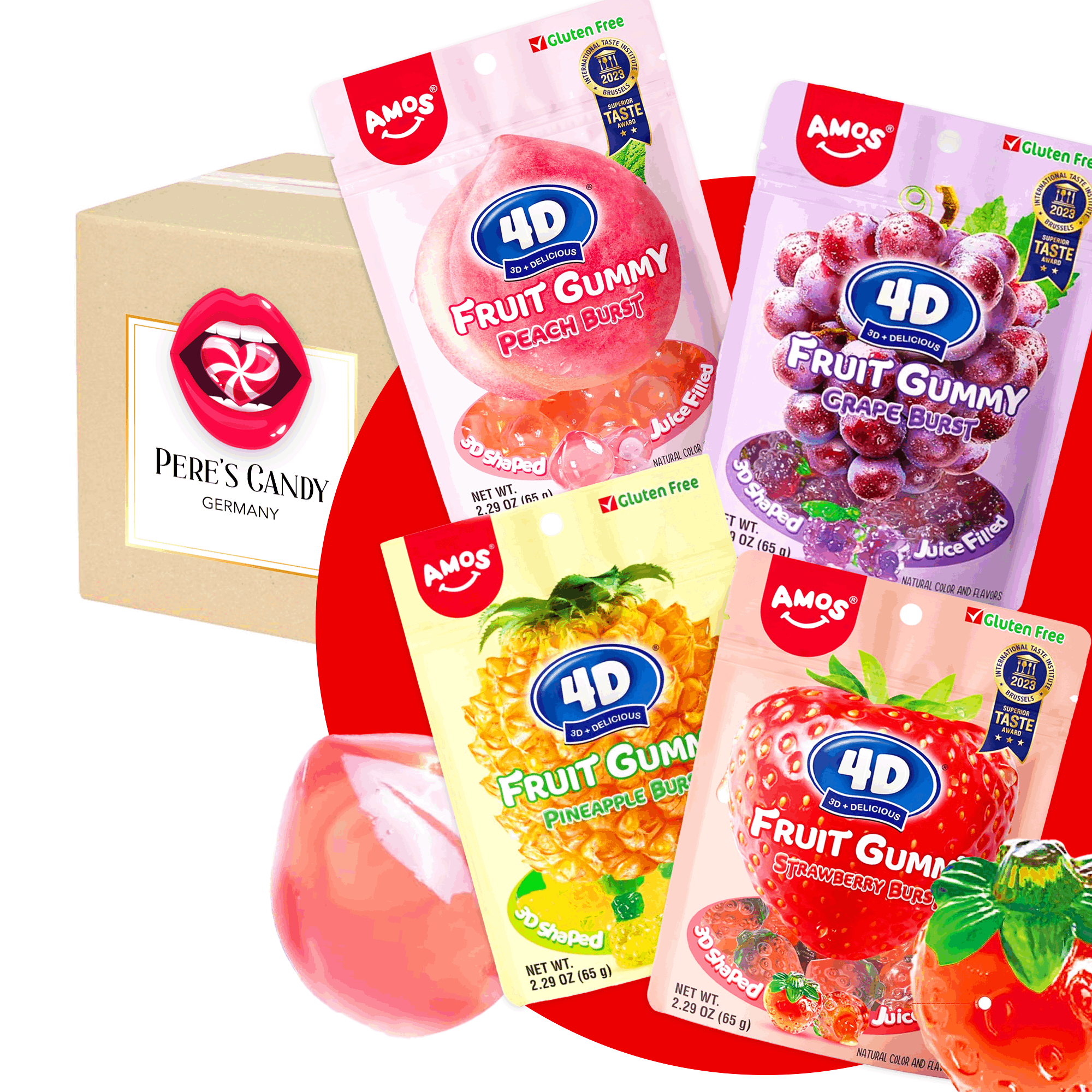 E-shop 4er Amos MEGA 4D Juicy Burst Pack – 1x Erdbeere 65g, 1x Pfirsich 65g, 1x Trauben 65g, 1x Ananas 65g