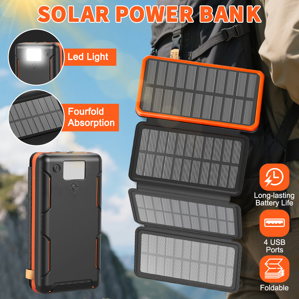 portable solar power bank for camping off grid   solar phone charger 4 usb ports built in led light high   solar panels   festivals hiking emergency preparedness portable charger for festivals