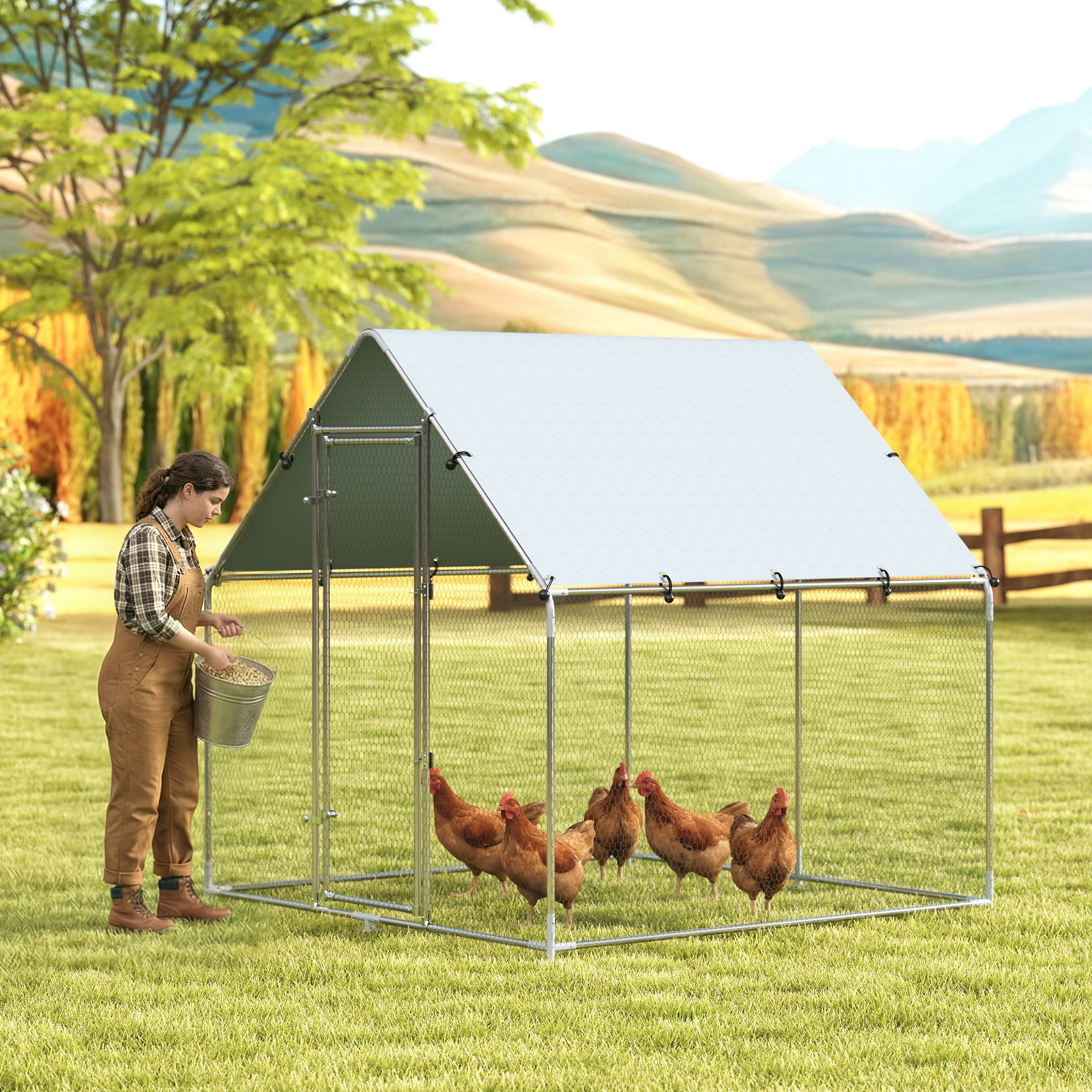 Image of Walk-in Chicken Coop 2x2x2 M, Galvanized Steel Chicken Enclosure With Weather-resistant Uv Roof Covering, Lockable Door, Chicken Cage For Rabbits, Ducks, Geese, Silvery.