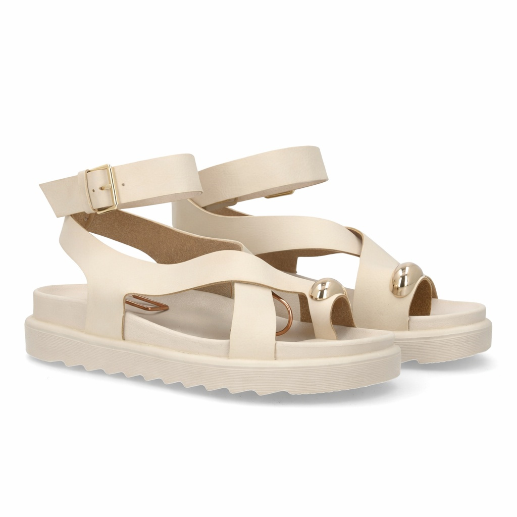 Women's Sandals With Wide Straps, Ankle Closure, Metallic Accent, And Big Toe Strap. Flat Cushioned Sole. Perfect For Summer