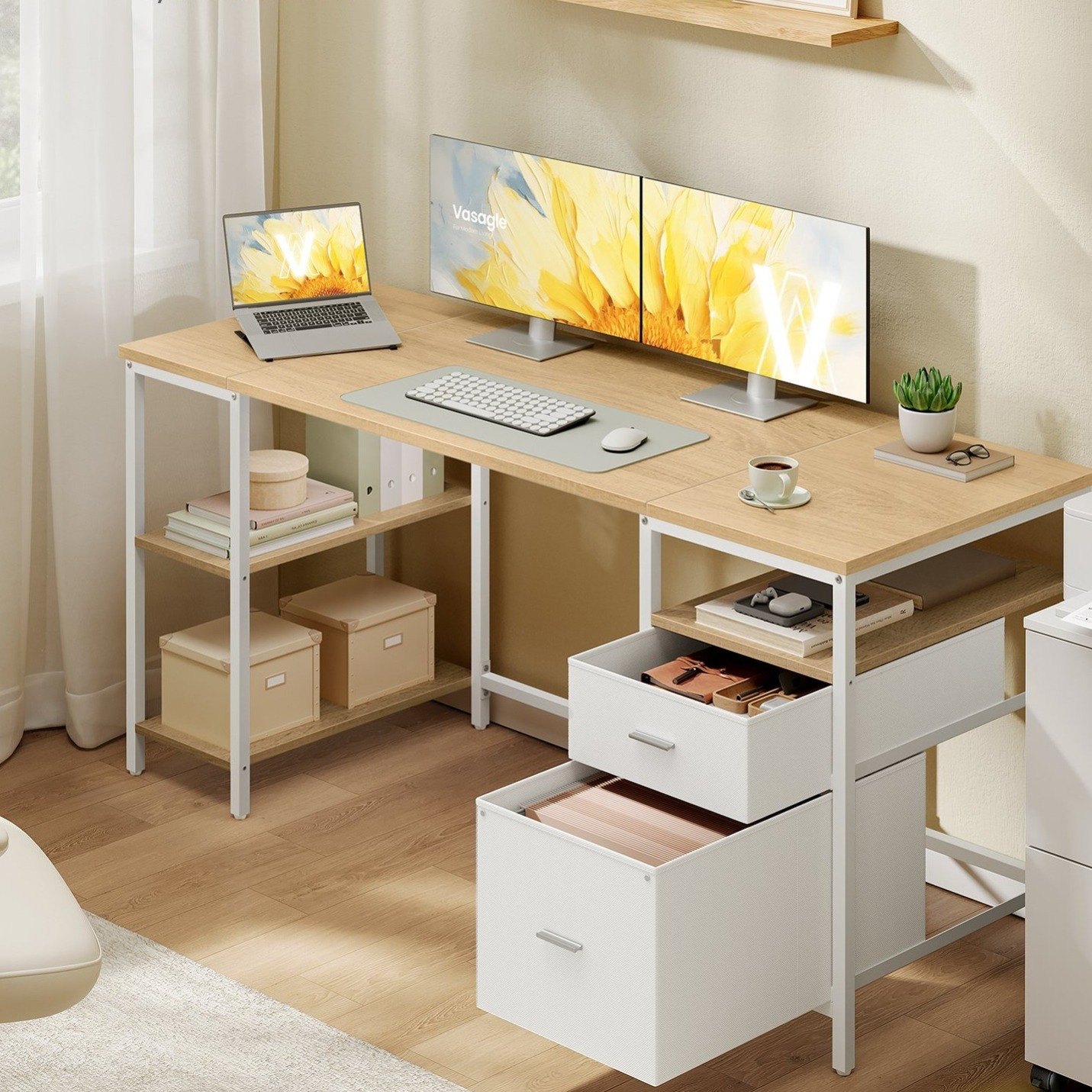 Image of Desk, Computer Desk, Dimensions 160 X 60 X 76 Cm, Office Desk With 3 Shelves And 2 Drawers, Suitable For Offices, Living Rooms, Workrooms, .