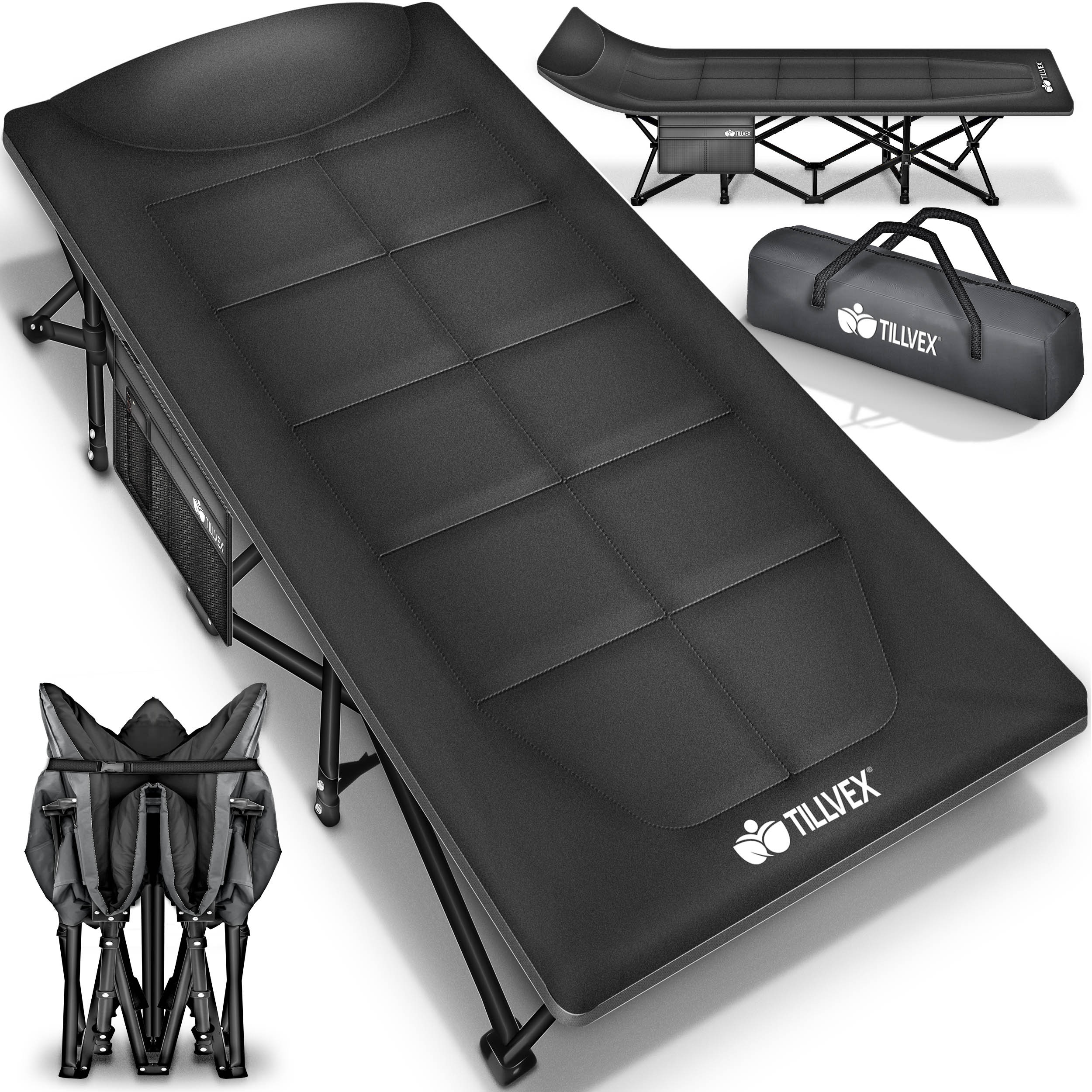 E-shop tillvex® Campingbett faltbar mit Tragetasche bis 200 kg Campingliege extra breit Feldbett Karpfenliege für Outdoor & Indoor Klappbett Gästebett