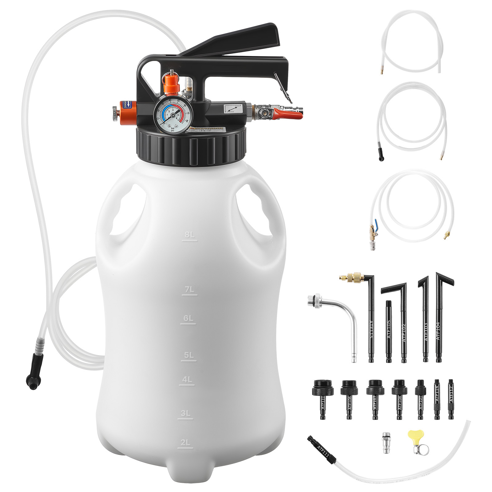 Image of Vevor Transmission Fluid Pump, 8 L Capacity, Pneumatic Oil Fluid Extractor Atf Refill Dispenser Transfer Pump Wit 15 Atf Adapters, Oil Extractor Dispenser With Hdpe Tank For Cars, Boats