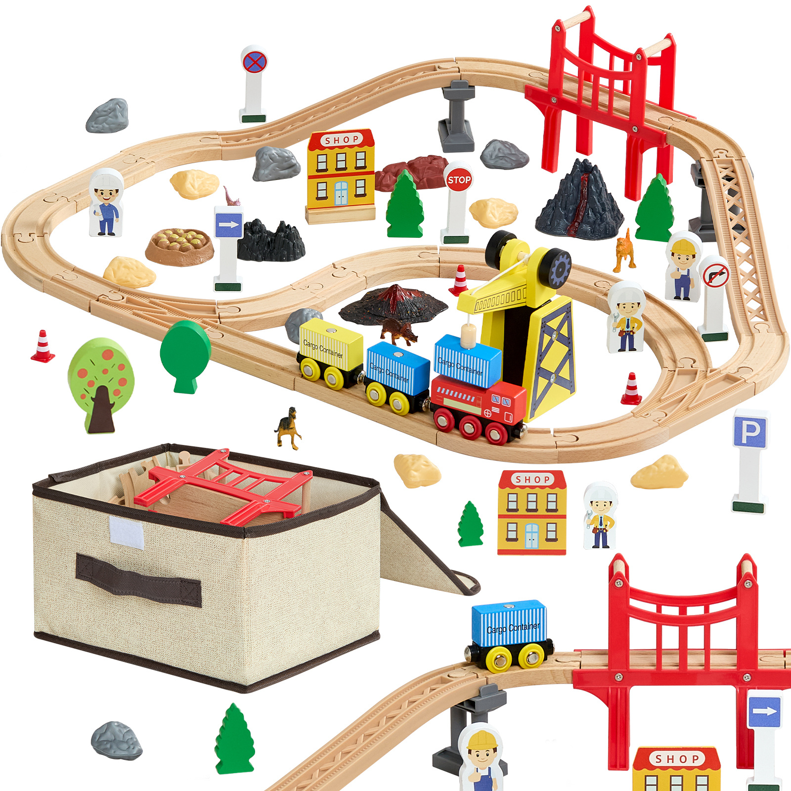TEMU Vevor 70pcs Wooden Train Set, With Magnetic Crane, Wood Train Track Toy For Kids Ages 3-8, Construction Crane Railway Set, Compatible With ,