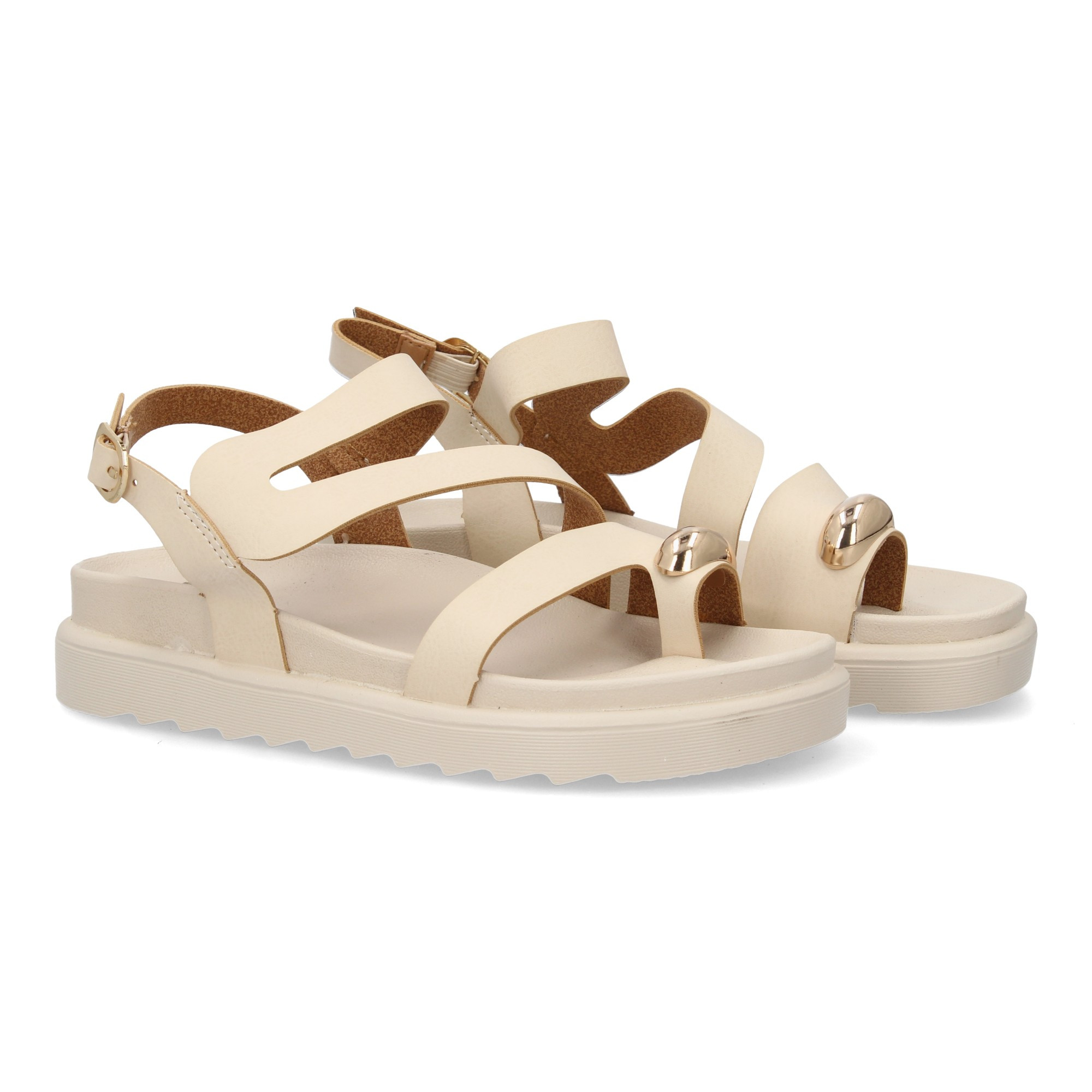 Women's Sandals With Wide Strap Design, Back Strap With Closure, Metal Decoration, And Toe Strap. Flat And Cushioned Sole. Ideal For Summer.