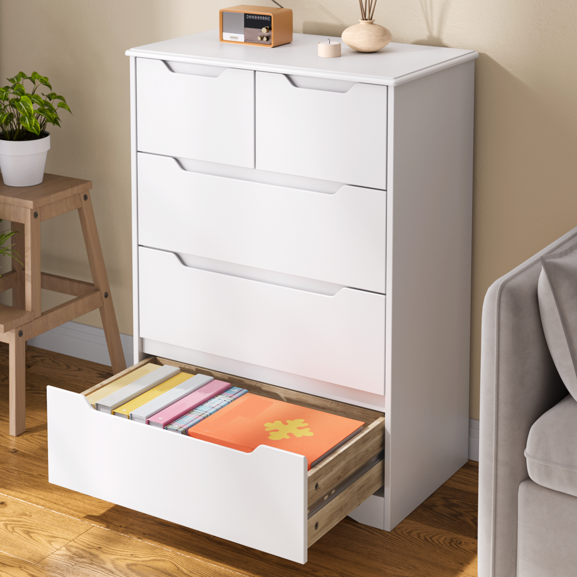 Image of 72x41x94 Cm Dresser With 5 Drawers, White Storage Cabinet Made Of, Including Tilt Protection, For Bedroom Living Room Hallway, Coree