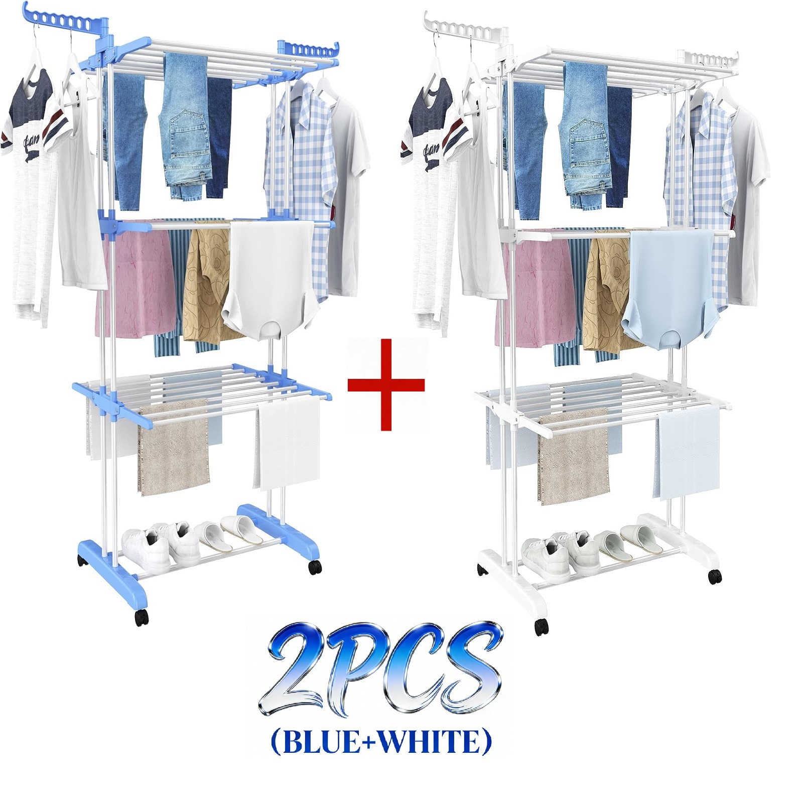 TEMU 2pcs Clothes Drying Rack 4 Tier Clothes Horses Rack With 2 Side Wings Laundry Racks For Indoor Outdoor Laundry Room Use Stainless Steel Laundry