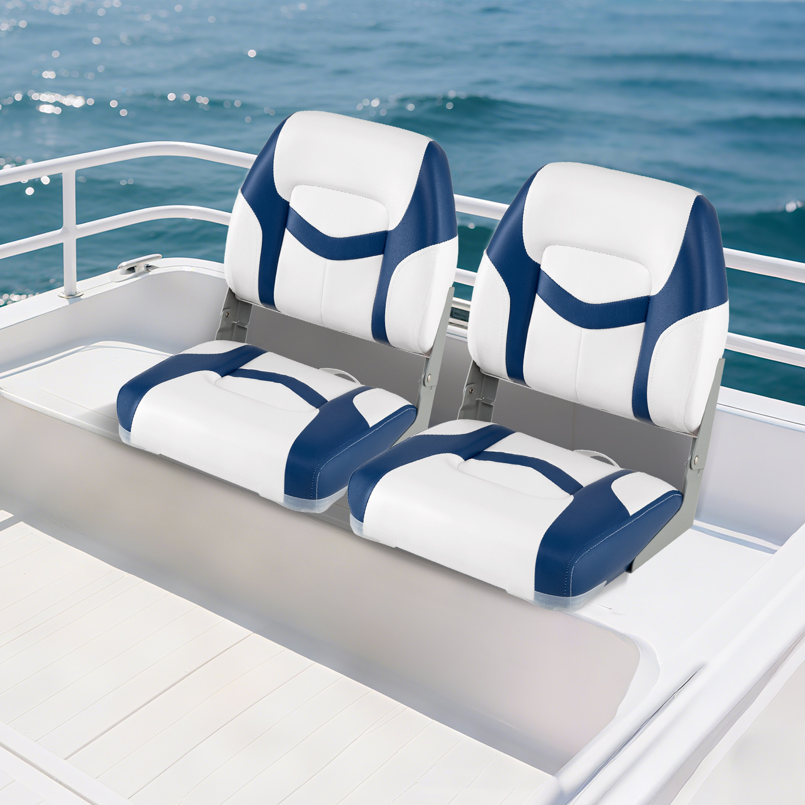 Image of 2-pack Boat Seat, Folding Low Back Boat Chairs, Pvc Leather Cabin Seating W/ Thick Sponge Padding, Fixing Bolts, Hinges, Fold-down Fishing Boat Captain Seat